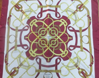 Authentic Hermes scarf ~100% silk ~ Eperon d'Or ~ burgundy and gold ~ excellent condition
