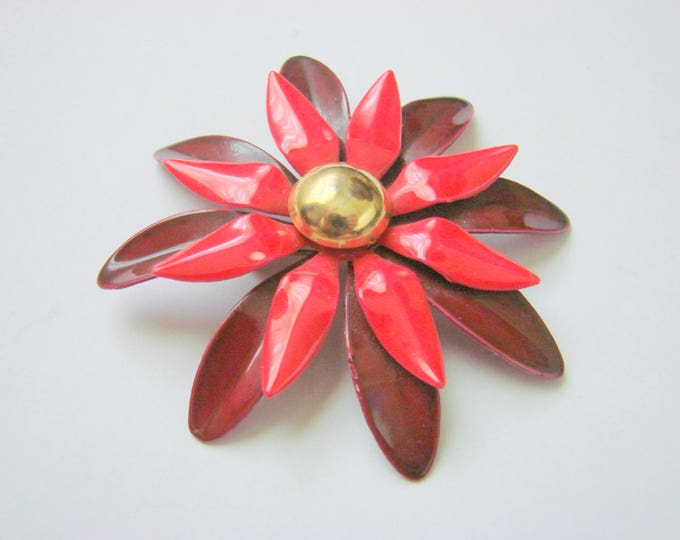 Large Floral Red Enamel Brooch / 1960s Enamel Brooch / Mid Century / Vintage Jewelry / Jewellery