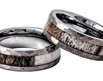 Deer Antler Ring in Tungsten Hammered Finish 8mm Comfort Fit Wedding Band