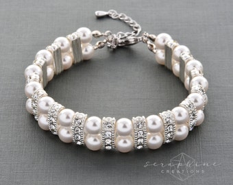 Bridal Pearl Bracelet Cuff Two Strand Wedding Jewelry Swarovski Pearl Cubic Zirconia Classic B04