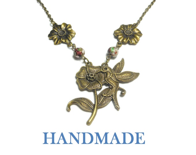 FREE SHIPPING Hummingbird necklace handmade, antiqued bronze flower hummingbird, red floral cloisonne beads and antiqued bronze flower links