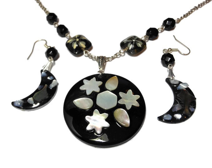 FREE SHIPPING Lip shell necklace earrings, Celestial moon stars, mother of pearl, black resin, Czech lampwork glass beads, silver plated