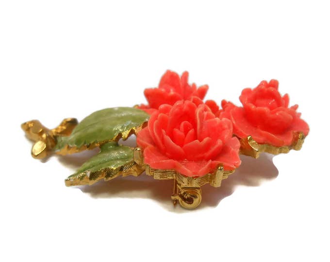 SALE Coral rose brooch, enamel coral roses, enamel, gold tone stem with green enamel leaves, orange pin 1960's