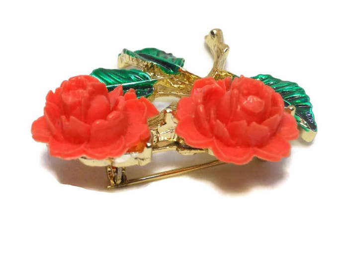 FREE SHIPPING Coral rose brooch, enamel coral roses, enamel, gold tone stem with green enamel leaves, orange pin 1960's