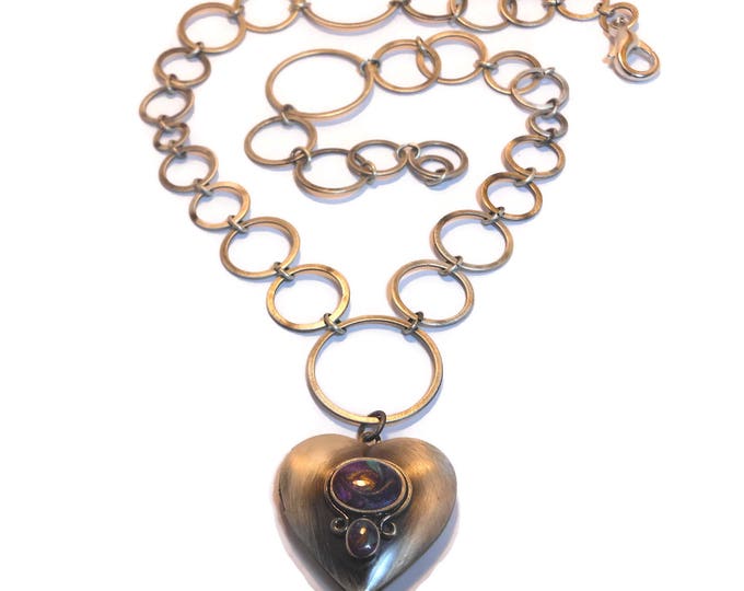SALE Silver heart locket necklace, handmade antiqued silver plated heart locket pendant & silver plated circle link chain, swirled enamel...