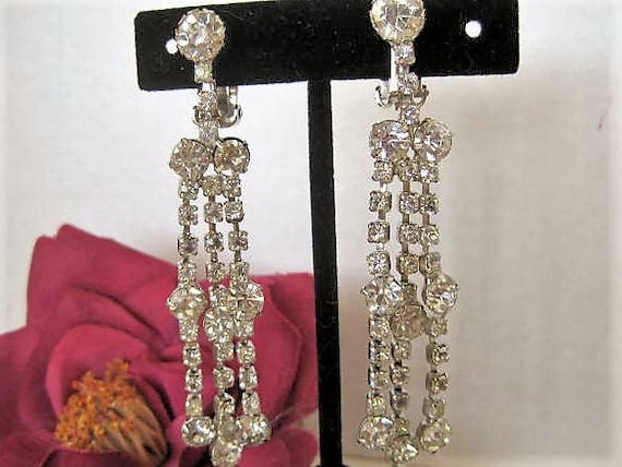 Rhinestone Chandelier Earrings - 3 Inch Long Holiday Evening - Long Dangle Clip Ons