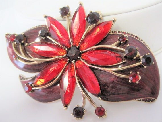 Poinsettia Rhinestone Brooch - Christmas Red - Large Rhinestone Pin