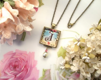 Monogram Initial J Necklace Filigree Pendant Vintage Charm Graphic Art Silver or Bronze Jewelry Available in All letters