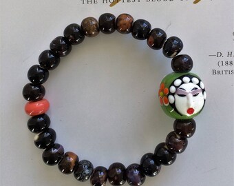Geisha - Beaded Bracelet with Hand Painted Porcelain Focal Bead