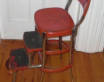 RESERVED for denisemarr1 Vintage Red Metal COSCO Step Stool Chair Folding Kitchen Step Ladder