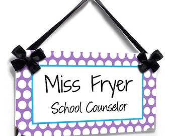 personalized school counselor classroom door sign - white purple and blue polka dots - graduation gift - P2510