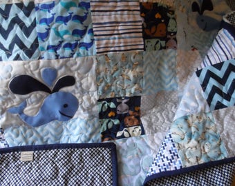 Nautical baby quilt in navy, navy and grey toddler nautical nursery blanket with whales, boat, anchor decor