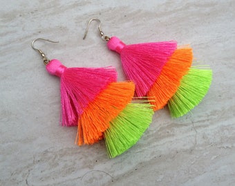 Silk Tassel Stack Earrings Neon Ombre Combo Tassle Earrings Festival Tassel Earrings Tassle Earings BOHO Earrings Summer Jewelry