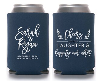 Cheers to Love, Laughter and Happily Ever After, Personalized Can Coolers, Wedding Favors, Beer, Can Sleeves, Navy, Calligraphy - T411
