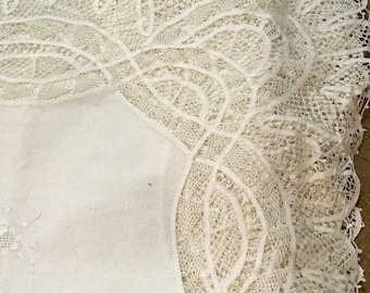 Vintage Tablecloth/Battenburg Lace/Embroidery/76X120 Inches/Formal Dining/White/8 Inch Lace/Rectangular/Wedding Gift/Fine Linen