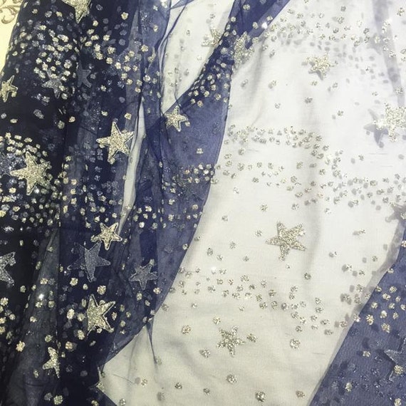 navy blue tulle fabric with silver sequin stars, bridal lace fabric ...