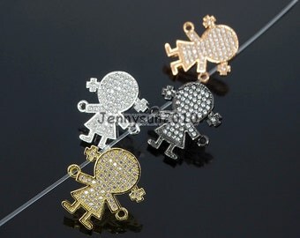 Clear Zircon Gemstones Pave Girl Bracelet Connector Charm Beads Silver Gold Rose Gold Gunmetal