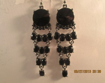 Black and Silver Tone Dangle Earrings with Black Crystal Like Beads