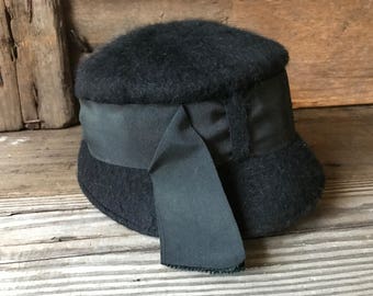 Cloche Hat Black Felt, Grosgrain Ribbon and Bow