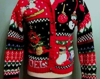 Ugly Christmas Sweater Heirloom Collectibles Small Petite Cute Novelty Red Embellished Noel Cardigan Tree Stockings Glitter Gaudy Party Fun