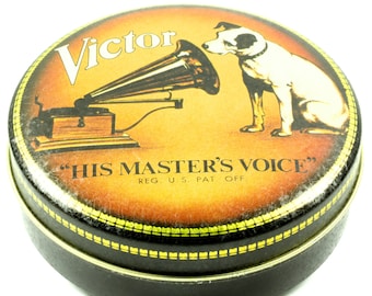RCA Victor - His Master's Voice Tin Container - Victrola Phonograph White RCA Dog Black and Gold Round Tin