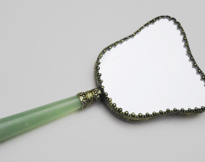 Flower Hand Mirror - Copper plated metal - Jade Green Glass Handle - Floral bird design - Vintage Vanity accessory