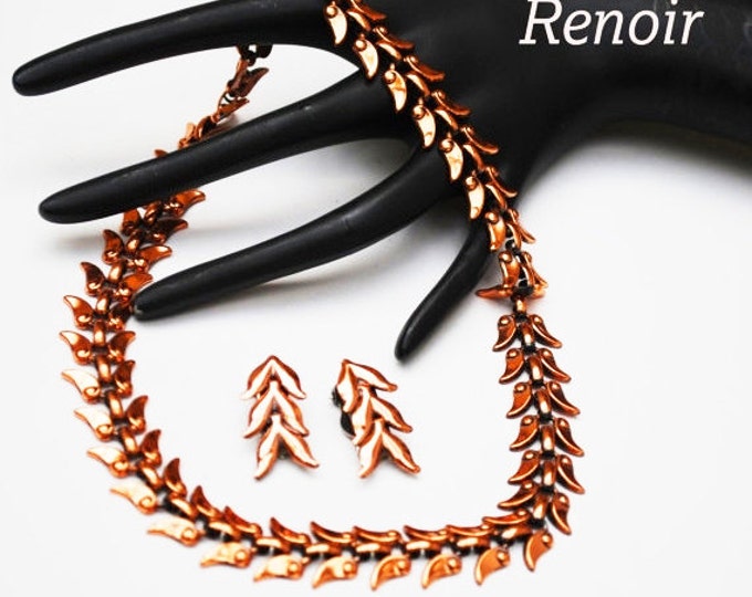 Renoir Copper Necklace and Earring set - Laurel leaf - signed jewelry set - Mid century Mod