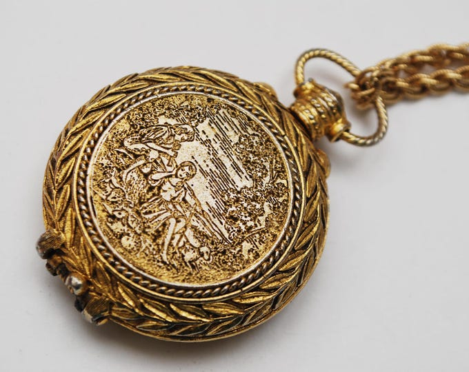 Vintage perfume Locket Pendant Etched Gold -victorian Revival - Necklace