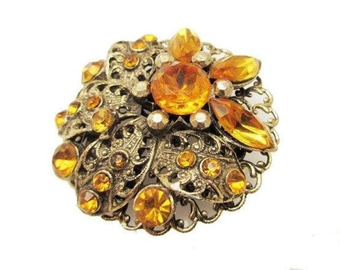 Orange Rhinestone Brooch Flower - Amber Gold Filigree - Mid Century pin