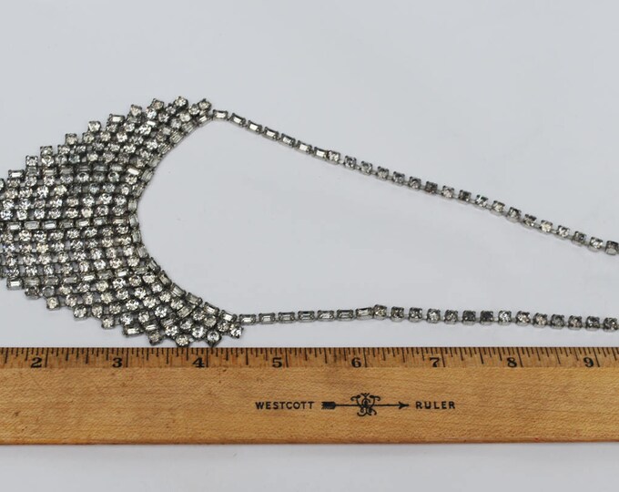 Rhinestone Bib Necklace - V Shape-clear rhinestone crystals - Silvertone metal Statement necklace - Mid Century - Wedding Prom