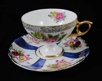 Lipper & Mann Royal Halsey, Very Fine China Cup and Saucer, Rose Decor, Gold Trim, Luster Finish, Made in Japan