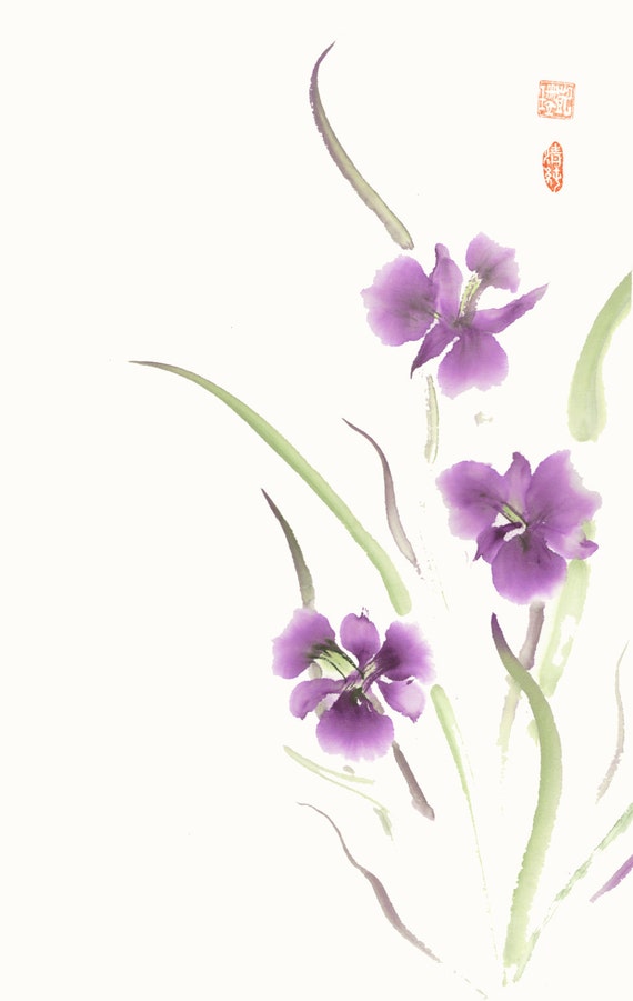 Purple Iris Chinese Brush Watercolor Original Painting