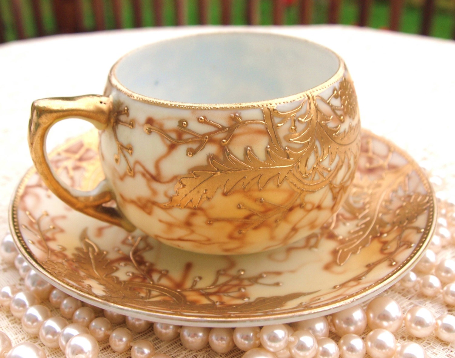 Gold Moriage Tea Cup Set Nippon Japan Hand Painted Gold