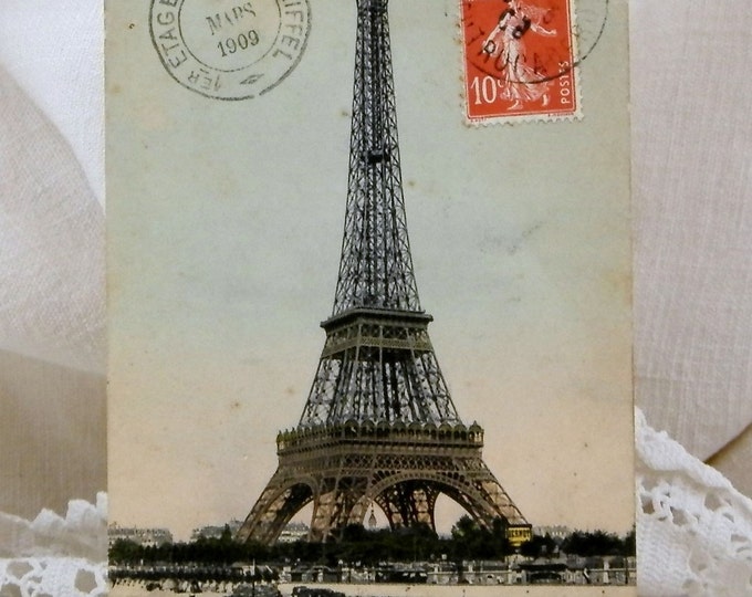 Antique French Colored Black and White Postcard, Eiffel Tower, the River Seine, Paris Posted in 1909 / French Vintage Decor / Shabby Chic