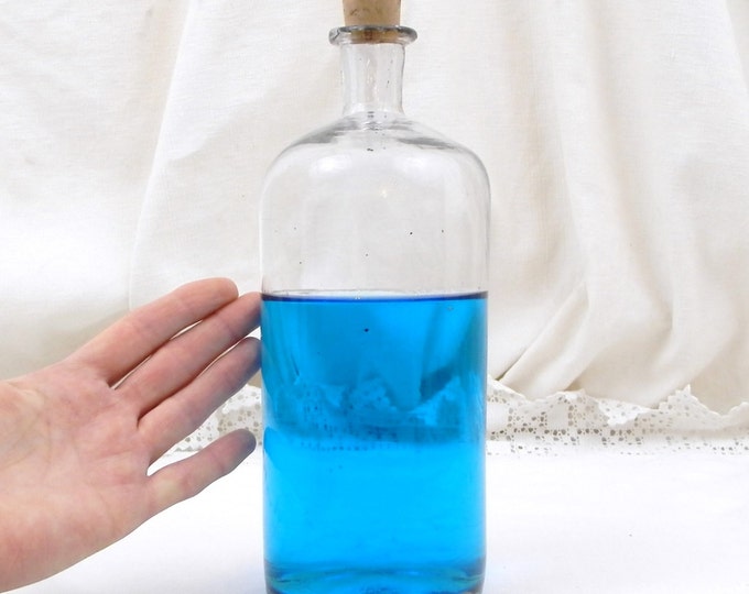 Antique French Blown Clear Glass Apothecary / Chemical Bottle With Cork, Chemist, Country Decor, Kitchen, Vase, Chemisty, Perfume, Retro