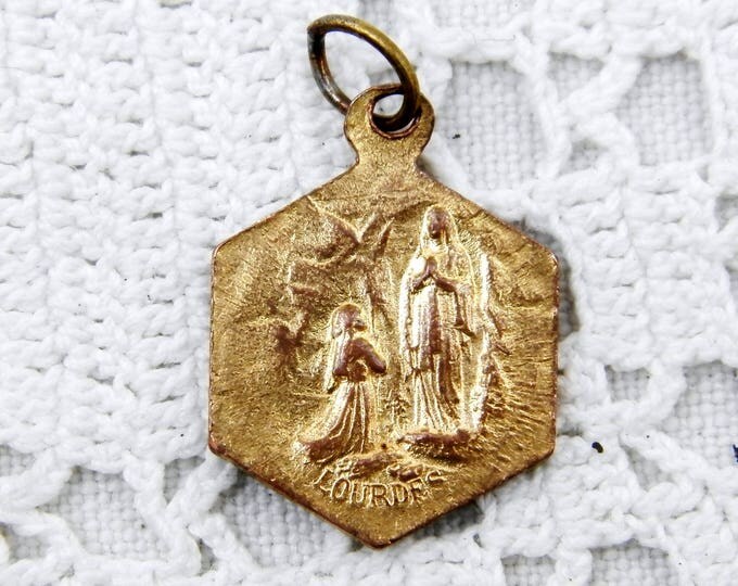 Vintage French Gold Plated Metal Alloy Pale Blue Enamel Religious Medal of the Virgin Mary from Lourdes, Christian Catholic Our Lady