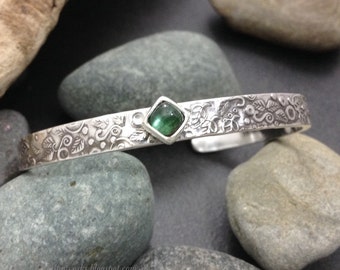 Sterling silver cuff bracelet, slim thick solid sterling with forest green tourmaline gemstone, foliage leaf pattern