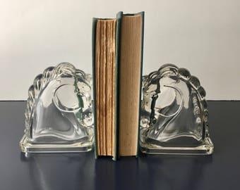 vintage Federal glass horse head bookends clear
