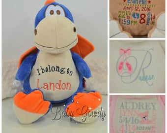 Personalized Dragon - Custom Stuffed Animal - Keepsake - Personalized Baby Gift - Birth Stats Stuffed Animal - Dragon Cubby Animal