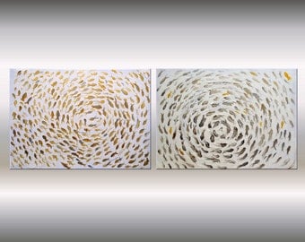 Acrylic Painting Large Painting Abstract Wall Art Canvas Art Wall Deco Ettis Gallery White Metallic Silver Gold 2 parts Ready to Hang