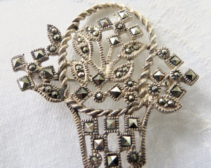 Vintage Sterling Flower Basket Brooch, Marcasite Stones, Art Deco Jewelry