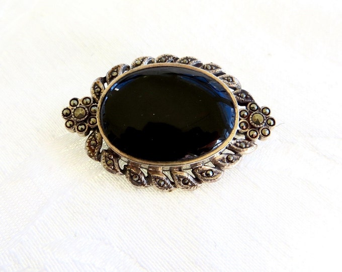 Art Deco Brooch, Sterling Silver Marcasite & Onyx Brooch, Vintage Onyx Pin