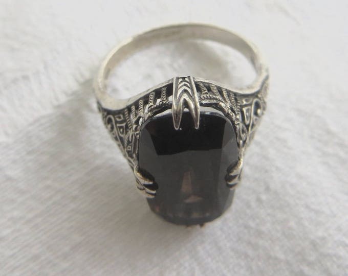 Art Deco Filigree Ring, Sterling Silver Smoky Quartz Emerald Cut Stone, Openwork Filigree, Size 8 Ring