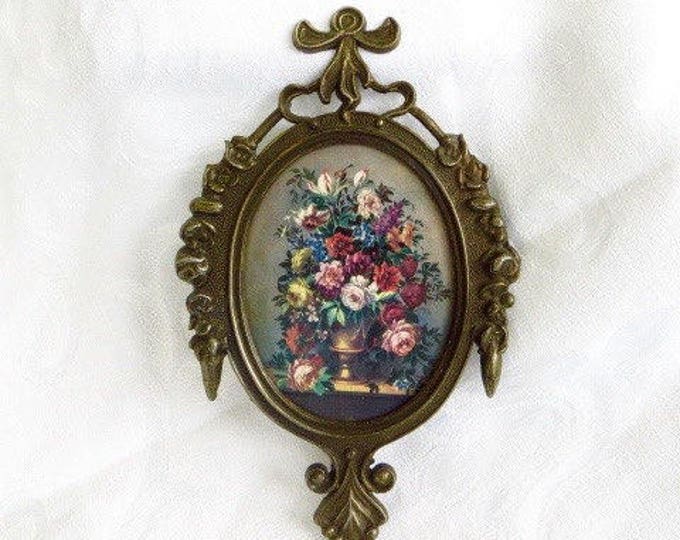 Antique Brass Picture Frame, French Style Wall Hanging, Ribbon & Rose Details, Floral Scene, Classic and Elegant