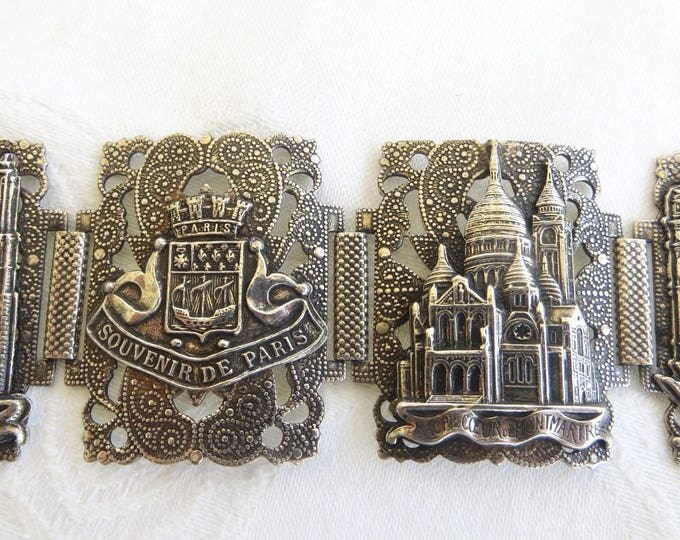 Vintage Paris Souvenir Bracelet, Paris Landmarks, Raised Relief Panel Bracelet, Statement Bracelet