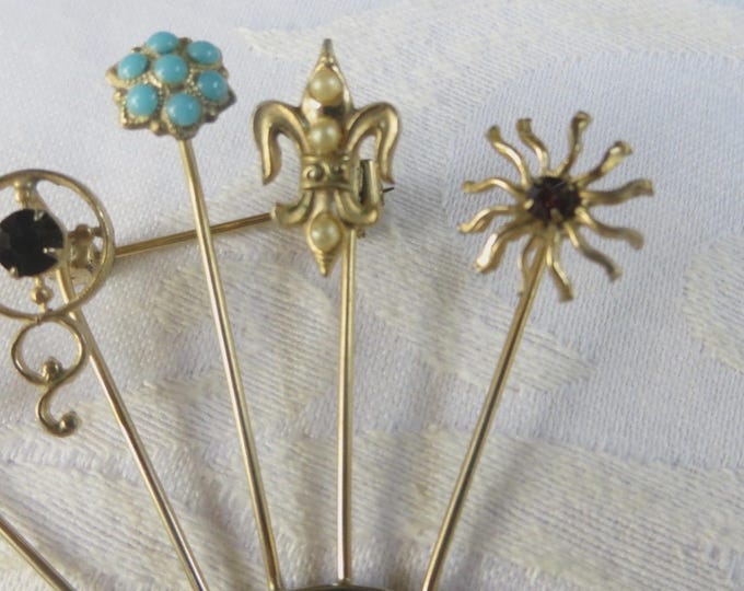 Vintage Stickpin Brooch, Unsigned Goldette Stickpin Pin, Fleur di Lis, Bird, Sun