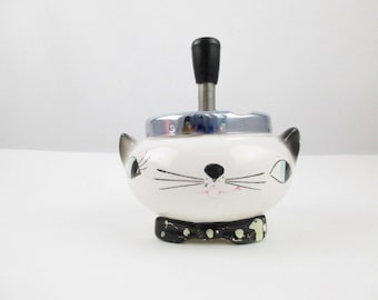 Kool and Kitschy 'Holt Howard' Cozy Kitten Ashtray - Push Handle Down and It 'Meows' - Ceramic With Chrome Top - Blue-eyed Cat - Tobacciana