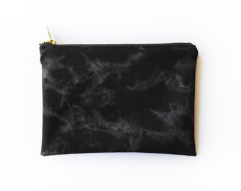 Black Cotton Twill Clutch, Black with Silver Marble Print, Cotton Lining and Gold YKK Metal Zipper, Black Cotton Bag, Make Up Bag