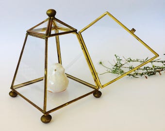Glass & Brass Box Terrarium Glass Brass Geometric Display Case Glass Terrarium House shaped Vintage Glass Case Lovely Glass Paneled Box