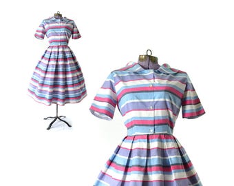 1950s dress, 50s dress, blue dress, vintage clothing, vintage dress, day dress, vintage 1950s dress, rockabilly dress, cotton, stripe